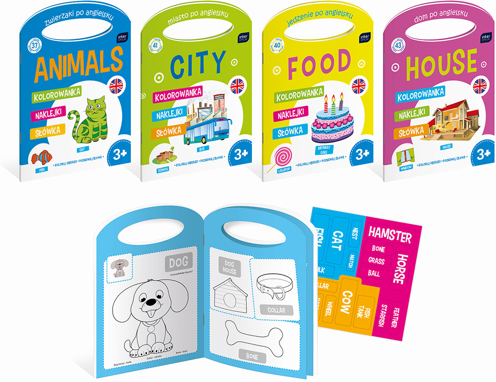 Kolorowanka A4 z naklejkami Animals/ City/ Food/ House mix 4 wzory (0287) Interdruk